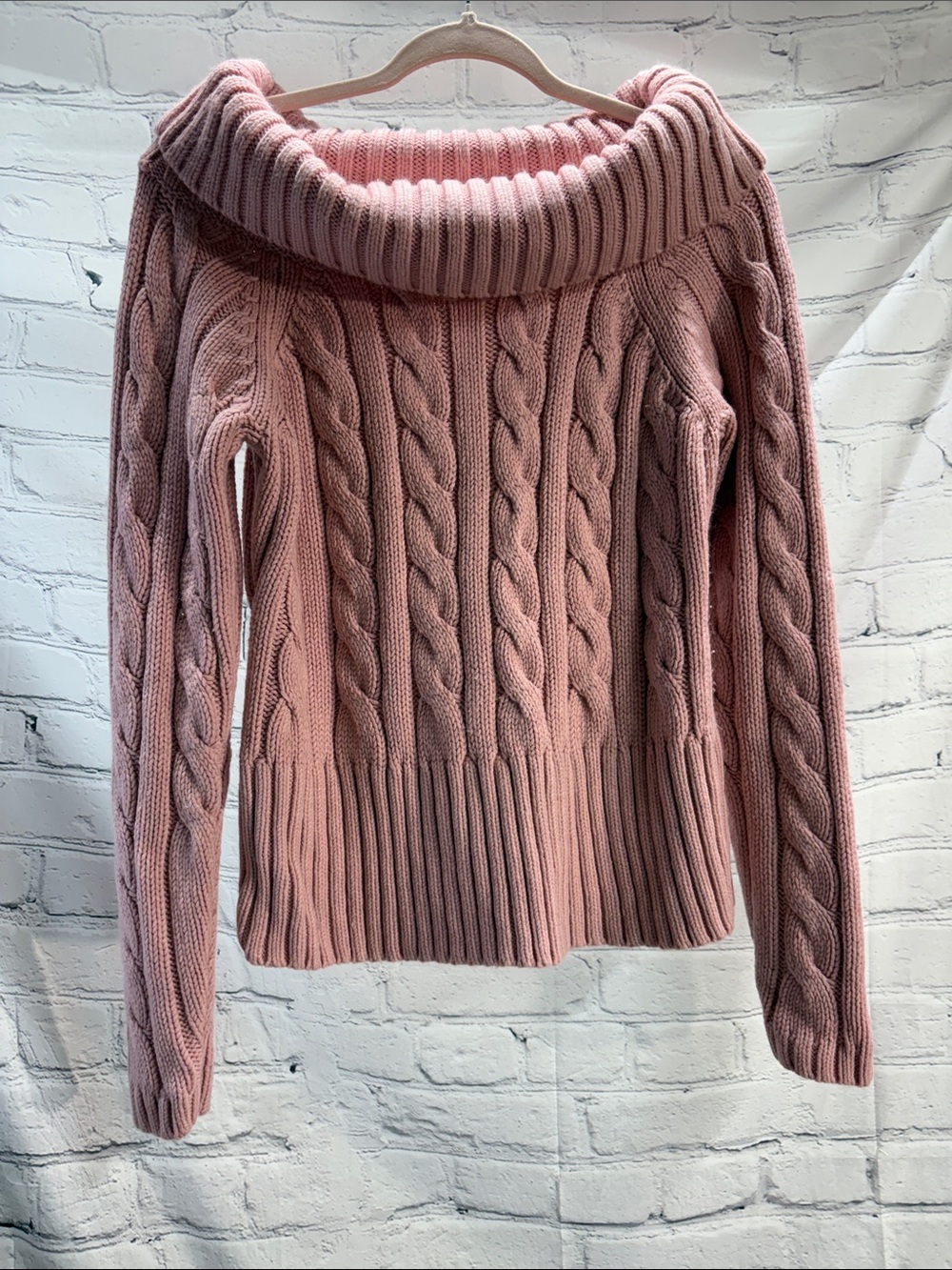 Ann Taylor Factory Dusty Rose Off-Shoulder Cable Knit Sweater